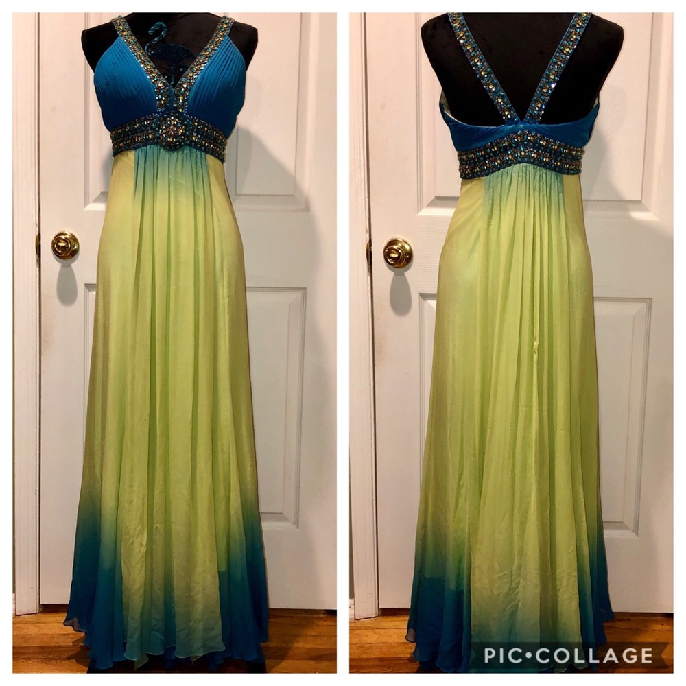 SUE WONG JEWELED EMBELLISHED OMBRÉ FORMAL GOWN